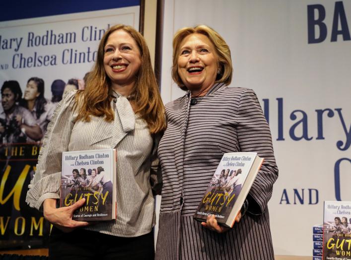 Hillary Clinton and Chelsea Clinton arrive for an event for their new book "The Book of Gutsy Women" in the Manhattan borough of New York City, New York, U.S., October 3, 2019. REUTERS/Jeenah Moon