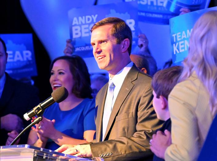 Kentucky's Attorney General Andy Beshear, running for governor against Republican incumbent Matt Bevin, reacts to statewide election results at his watch party in Louisville, Kentucky, U.S., November 5, 2019. REUTERS/Harrison McClary 