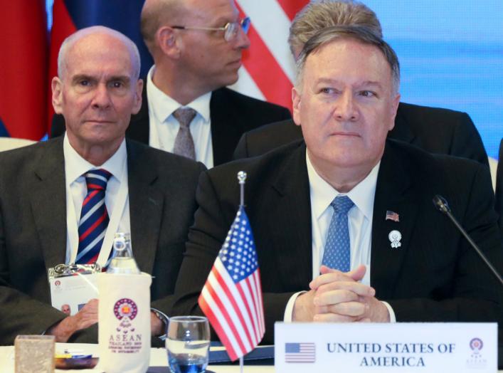 Former senior advisor Michael McKinley sits behind U.S. Secretary of State Mike Pompeo duirng a meeting with foreign ministers of Cambodia, Laos, Thailand, and Vietnam during the ASEAN Foreign Ministers' Meeting in Bangkok, Thailand August 1, 2019.