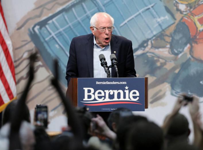 Democratic 2020 U.S. presidential candidate Senator Bernie Sanders speaks during a Climate Crisis Summit with Rep. Alexandria Ocasio-Cortez at Drake University in Des Moines, Iowa, U.S. November 9, 2019. REUTERS/Scott Morgan