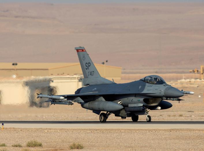 An American F16 aircraft is seen on the runway during "Blue Flag", an aerial exercise hosted by Israel with the participation of foreign air force crews, at Ovda military air base, southern Israel November 11, 2019. Picture taken November 11, 2019.