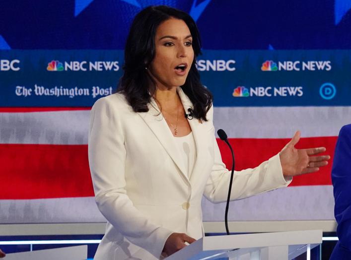 Democratic presidential candidate Rep. Tulsi Gabbard speaks during the fifth 2020 campaign debate at the Tyler Perry Studios in Atlanta, Georgia, U.S., November 20, 2019. REUTERS/Brendan McDermid