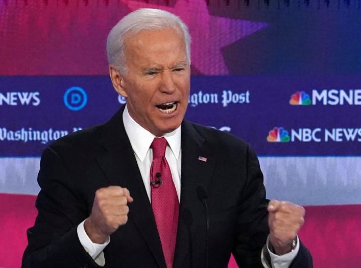 Former Vice President Joe Biden speaks during the U.S. Democratic presidential candidates debate at the Tyler Perry Studios in Atlanta, Georgia, U.S. November 20, 2019. REUTERS/Brendan McDermid