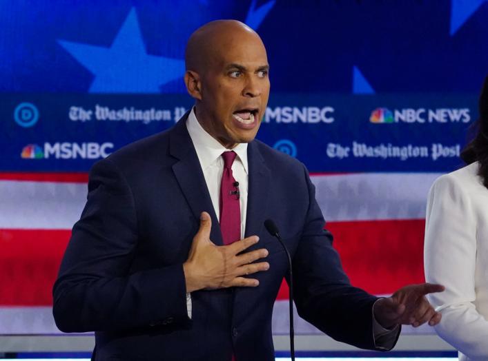 Democratic presidential candidate Senator Cory Booker speaks during the fifth 2020 campaign debate at the Tyler Perry Studios in Atlanta, Georgia, U.S., November 20, 2019. REUTERS/Brendan Mcdermid