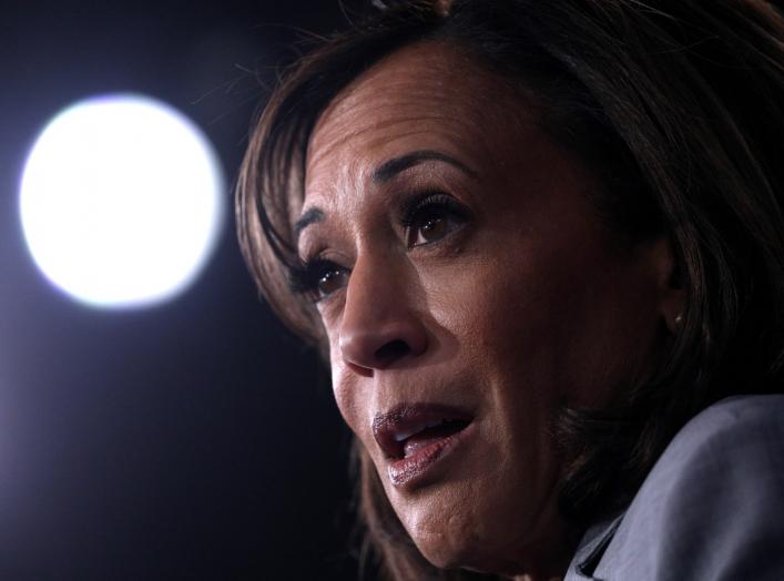 Democratic presidential candidate Senator Kamala Harris is interviewed in the spin room after the conclusion of the fifth 2020 campaign debate at the Tyler Perry Studios in Atlanta, Georgia, U.S., November 20, 2019. REUTERS/Christopher Aluka Berry