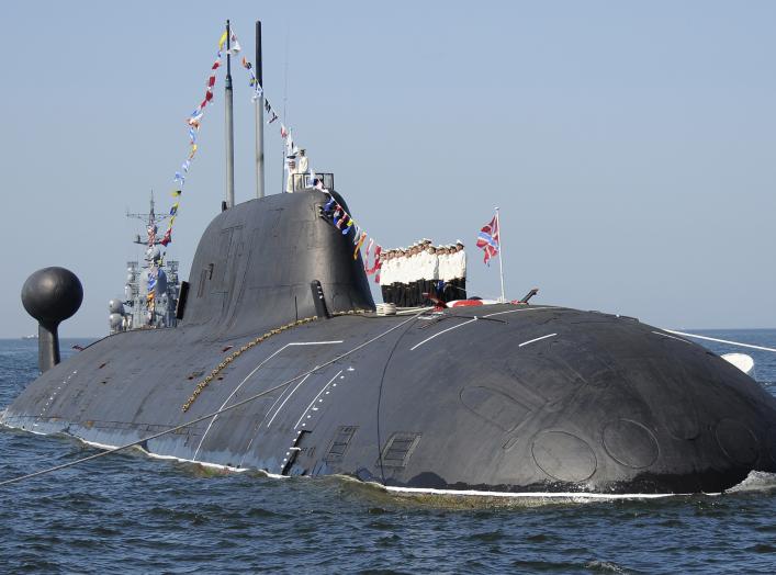 Russian seamen line up on an unidentified submarine believed to be an Akula-class submarine during a military parade training in Vladivostok in this July 25, 2008 file photo. 