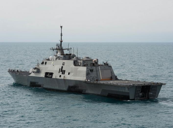 The U.S. Navy littoral combat ship USS Fort Worth (LCS-3) underway in the Java Sea near the location where the tail of AirAsia Flight QZ8501l was discovered. Fort Worth was supporting Indonesian-led efforts to locate the downed aircraft. Note the open ste