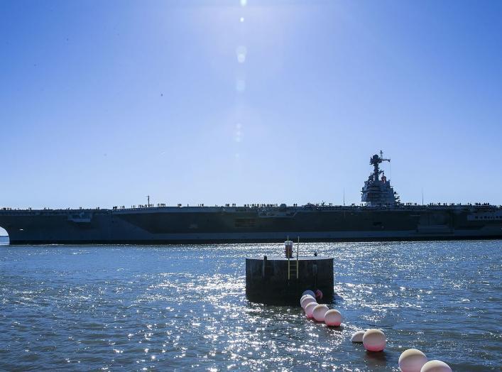 Pre-Commissioning Unit Gerald R. Ford (CVN 78) departs Huntington Ingalls Industries Newport News Shipbuilding for builder’s sea trials off the coast.