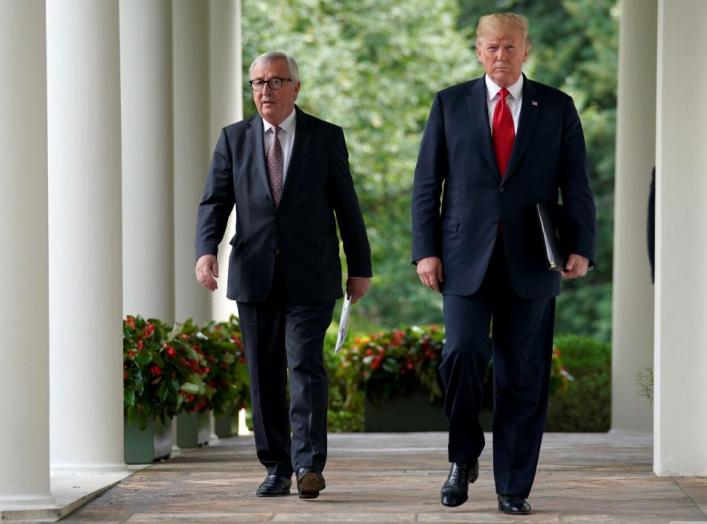 U.S. President Donald Trump and President of the European Commission Jean-Claude Juncker walk together before speaking about trade relations in the Rose Garden of the White House in Washington, U.S., July 25, 2018. REUTERS/Joshua Roberts