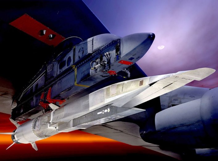 The X-51A Waverider, shown here under the wing of a B-52 Stratofortress, is set to demonstrate hypersonic flight. Powered by a Pratt & Whitney Rocketdyne SJY61 scramjet engine, it is designed to ride on its own shockwave and accelerate to about Mach 6.