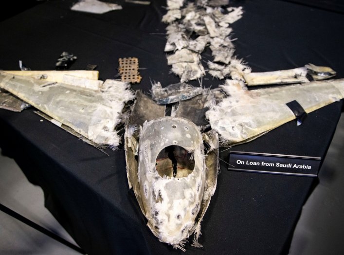 A U.S. Department of Defense exhibit shows a Qasef-1 drone that was recovered on April 11, 2018 by Saudi Arabia, at a military base in Washington, U.S., November 29, 2018. REUTERS/Al Drago