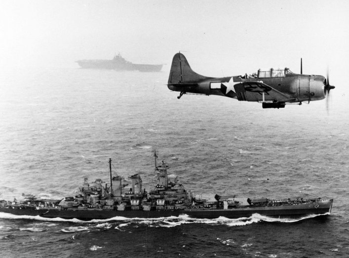 US Navy Douglas SBD Dauntless flying patrol in World War II. Photo by US Navy.