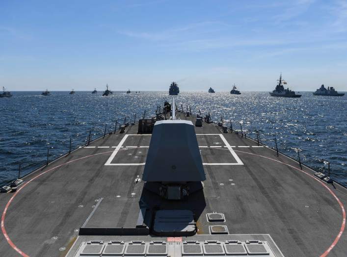 The guided-missile destroyer USS Bainbridge (DDG 96) participates in a photo exercise during exercise Baltic Operations (BALTOPS) in the Baltic Sea, June 9, 2018.