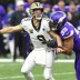 New Orleans Saints quarterback Drew Brees (9) fumbles the ball as he is hit by Minnesota Vikings defensive end Danielle Hunter (99) during the fourth quarter of a NFC Wild Card playoff football game at the Mercedes-Benz Superdome, New Orleans, Louisiana, 