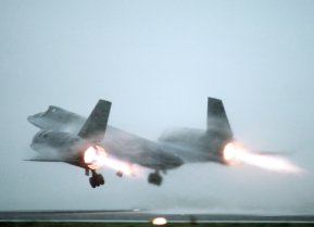 A U.S. Air Force Lockheed SR-71A Blackbird taking off from a fog-shrouded runway. The SR-71 was flown by Det. 4, 9th Strategic Reconnaissance Wing, 3rd Air Force, RAF Mildenhall (UK).